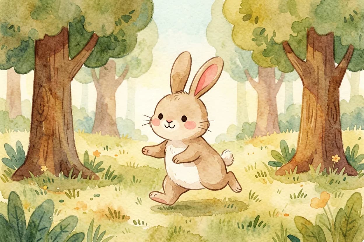 The little rabbit hopping confusedly between different trees, unable to remember which one