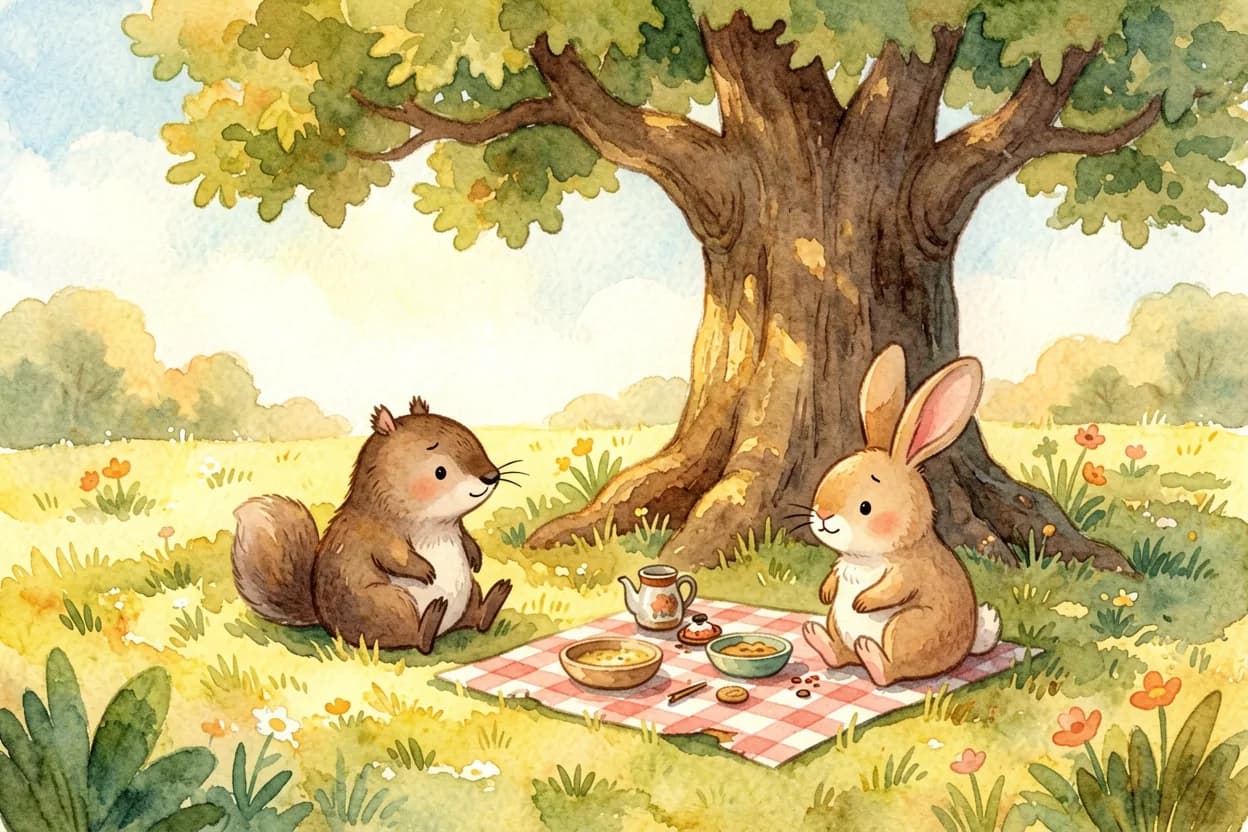 The mole waiting sadly by the old oak tree, the picnic spoiled, as the rabbit arrives late
