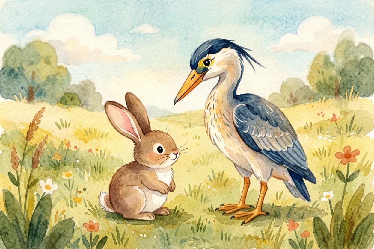 A wise old heron gently teaching the little rabbit how to really listen