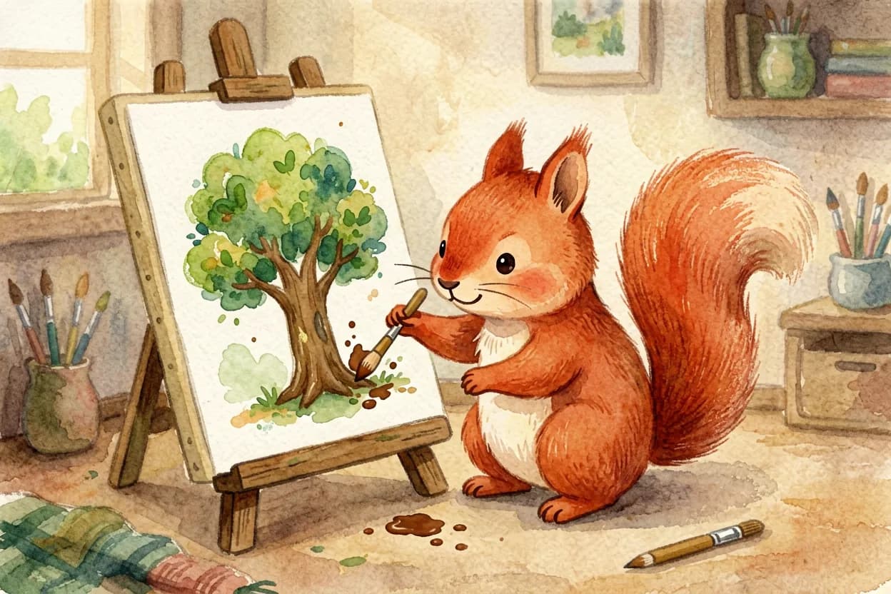 Watercolor illustration of a little squirrel happily turning a paint splodge into a beautiful picture