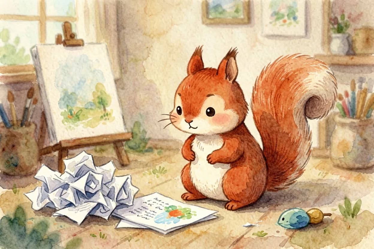 A little squirrel frowning at her painting, a pile of scrunched-up paper beside her