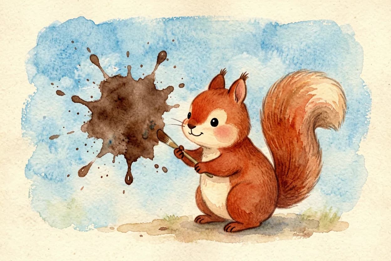 A big brown paint splodge splattering across the little squirrel's careful blue sky painting