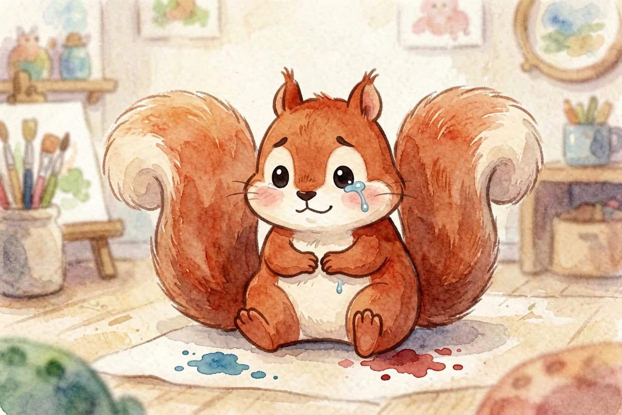 The little squirrel in tears, about to scrunch up her painting because of the splodge