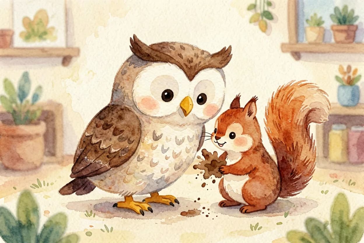 A wise owl gently stopping the squirrel and encouraging her to look at the splodge differently