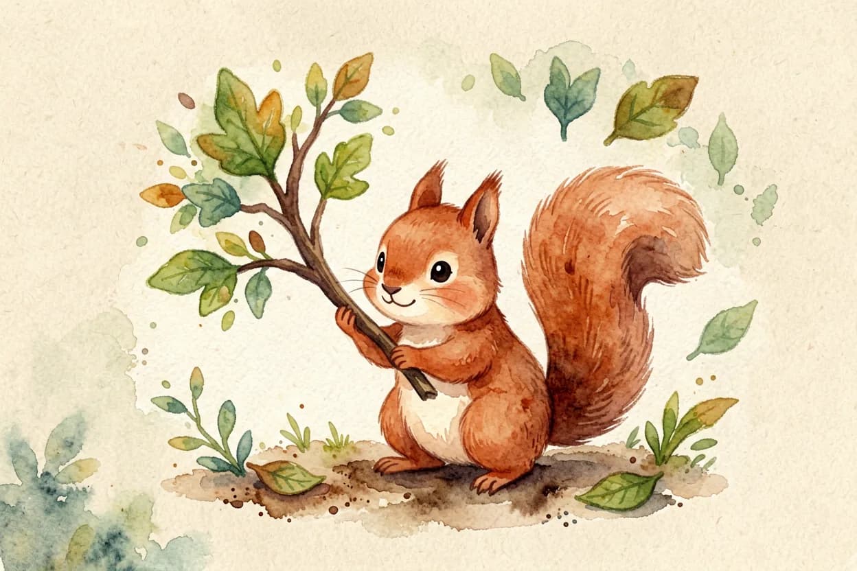 The little squirrel adding branches and leaves, turning the brown splodge into a beautiful tree