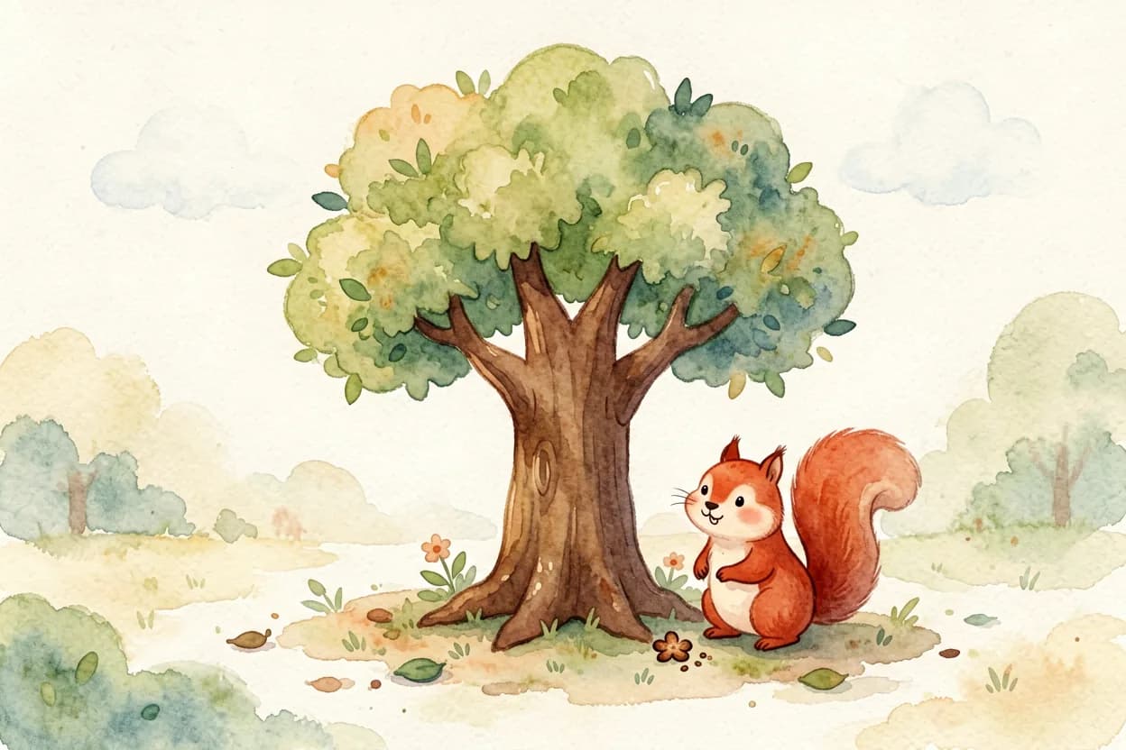 The finished painting with a magnificent tree grown from the splodge, the squirrel delighted