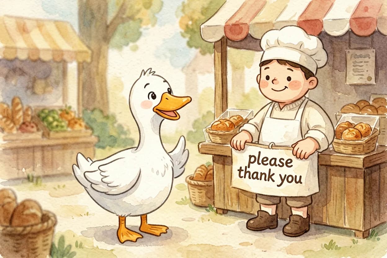 Watercolor illustration of a cheerful goose politely saying please and thank you to a shopkeeper