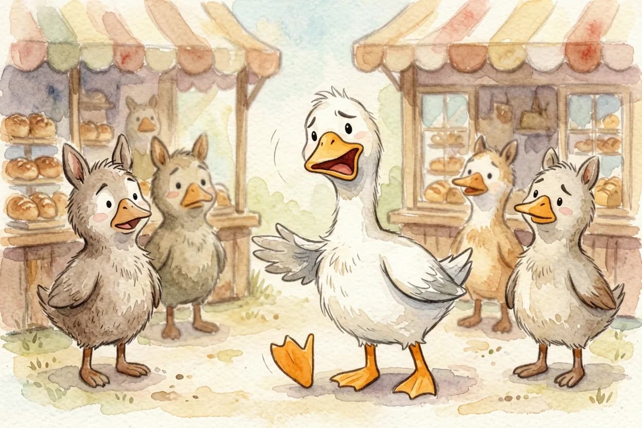 A gruff goose honking demandingly at a bakery, no please or thank you, others looking put off