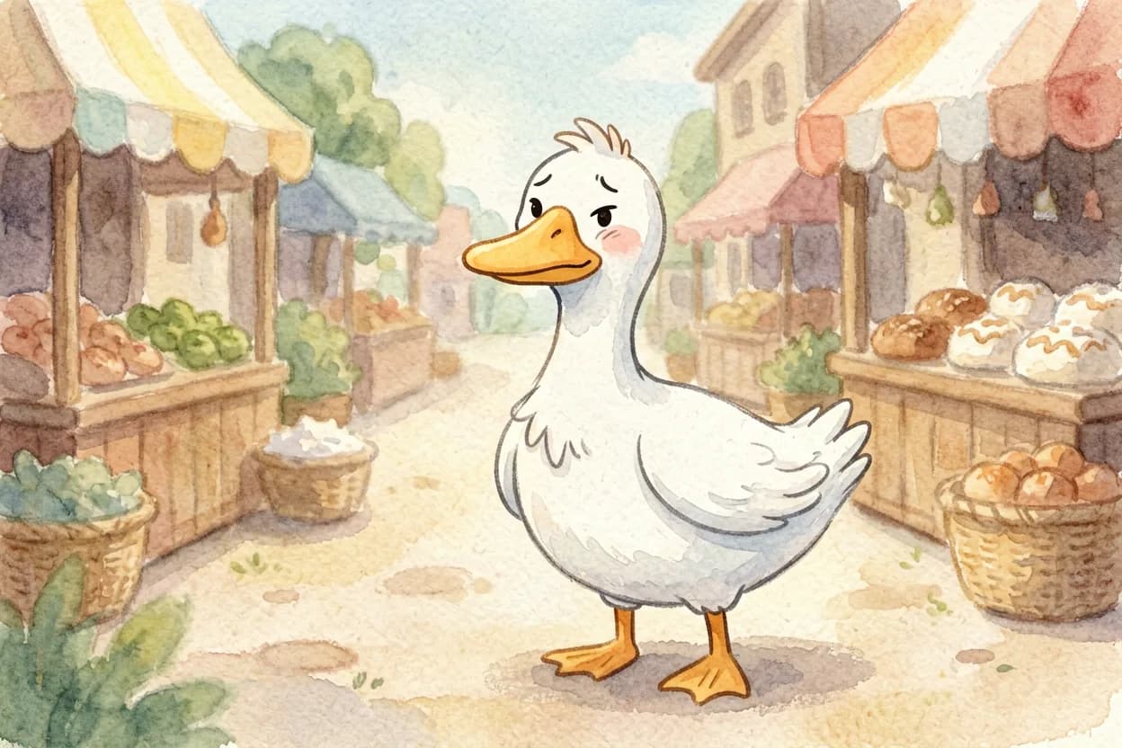 The baker turning away from the demanding goose, who huffs off hungry and cross