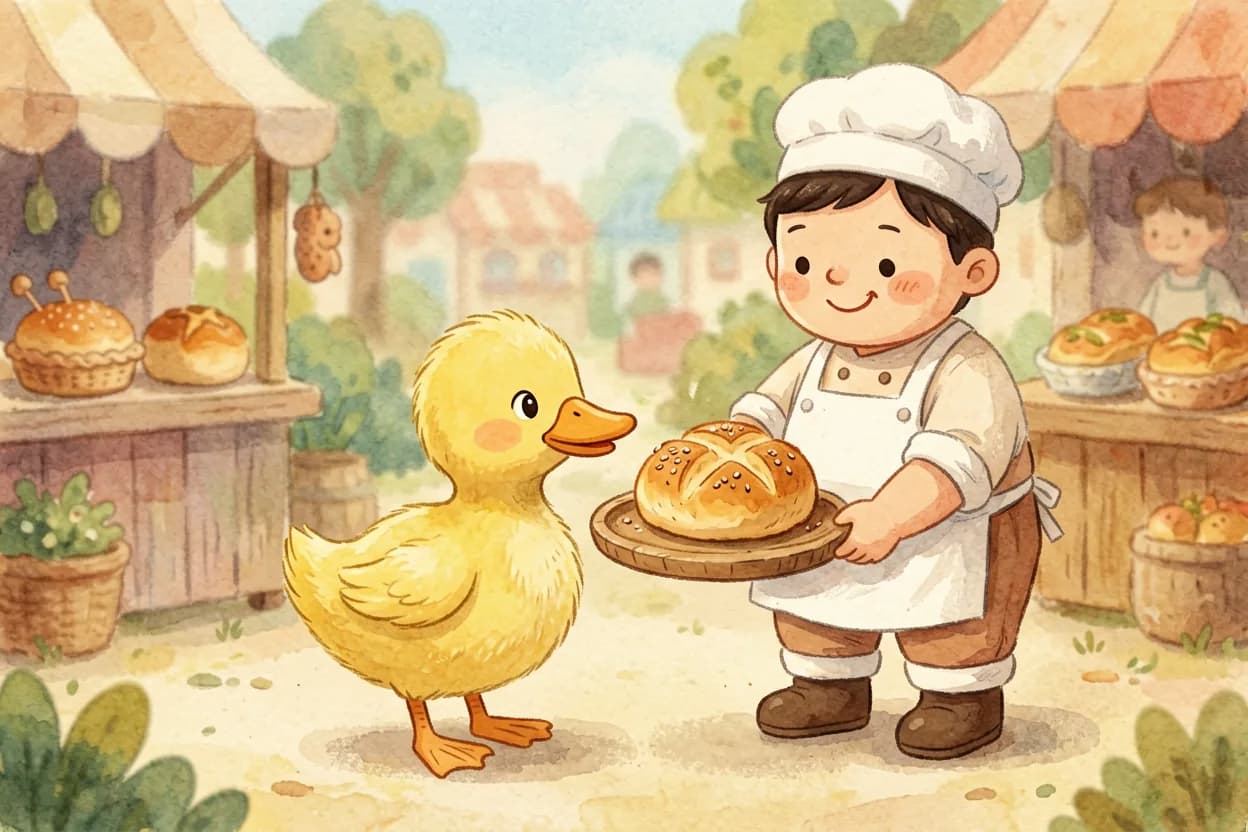 A polite duckling saying please and thank you, receiving a bun and an extra treat from the smiling baker