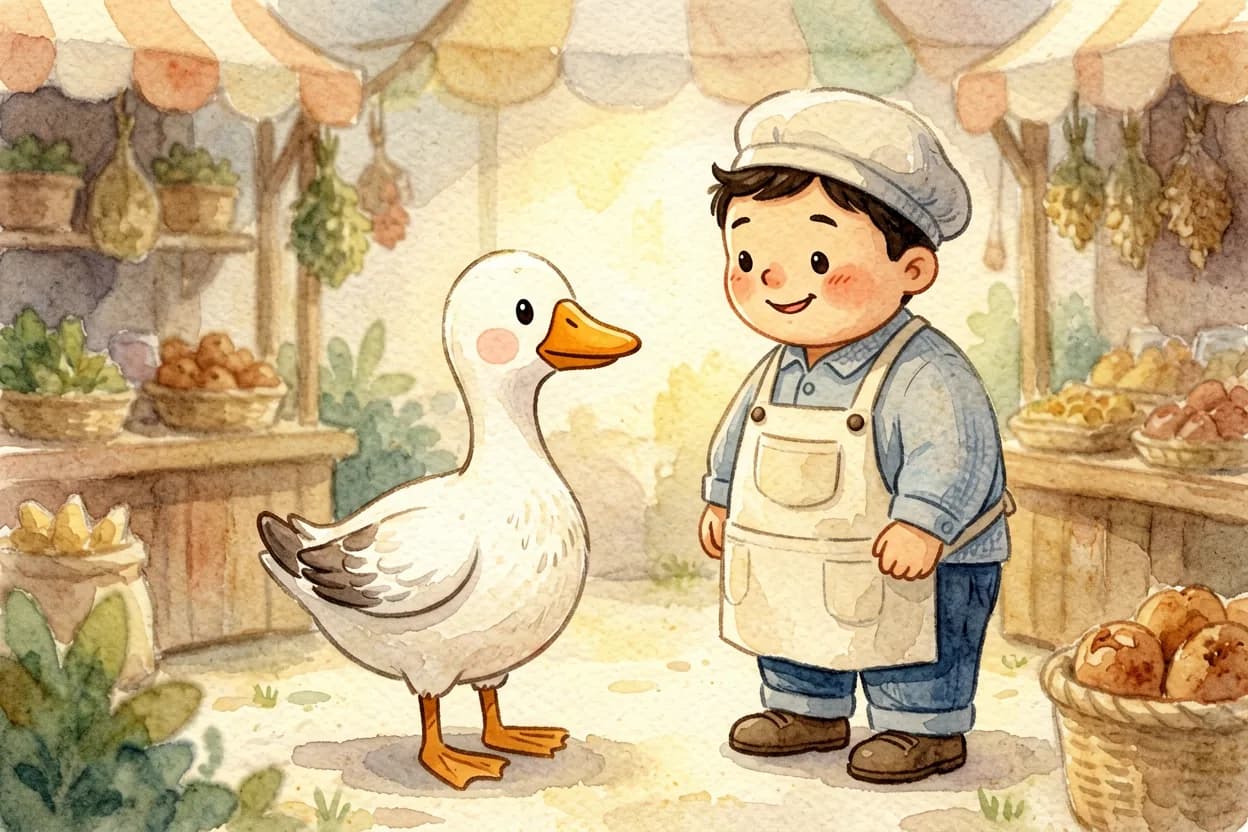 The goose politely and gently asking the baker, who lights up with a warm smile
