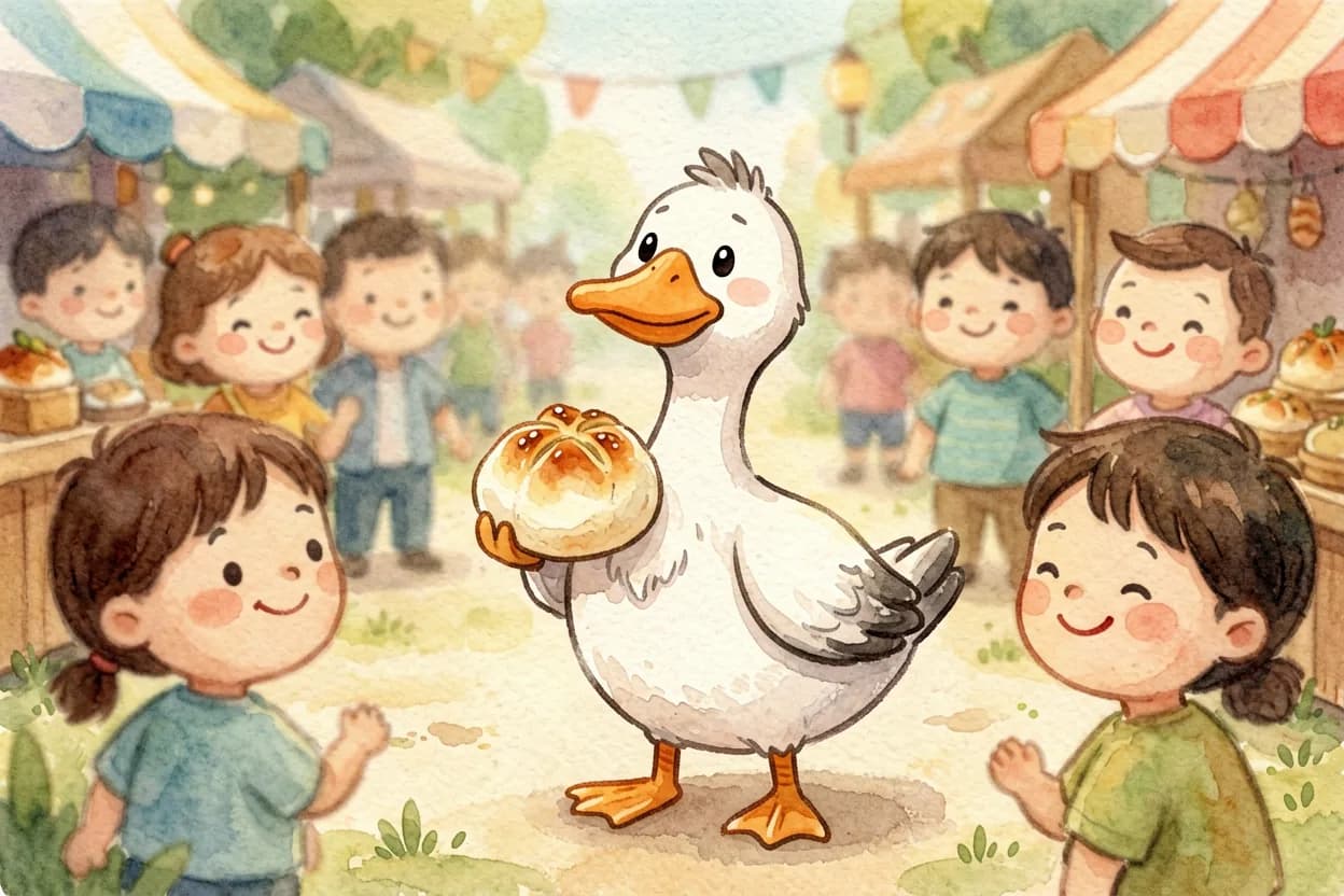 The goose happily enjoying his bun as smiling faces surround him, everyone cheerful