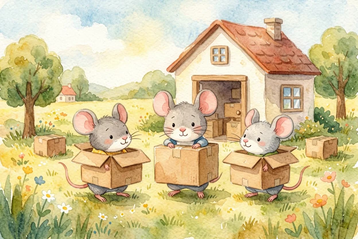 Watercolor illustration of a little mouse family carrying boxes into a cosy new home in the countryside