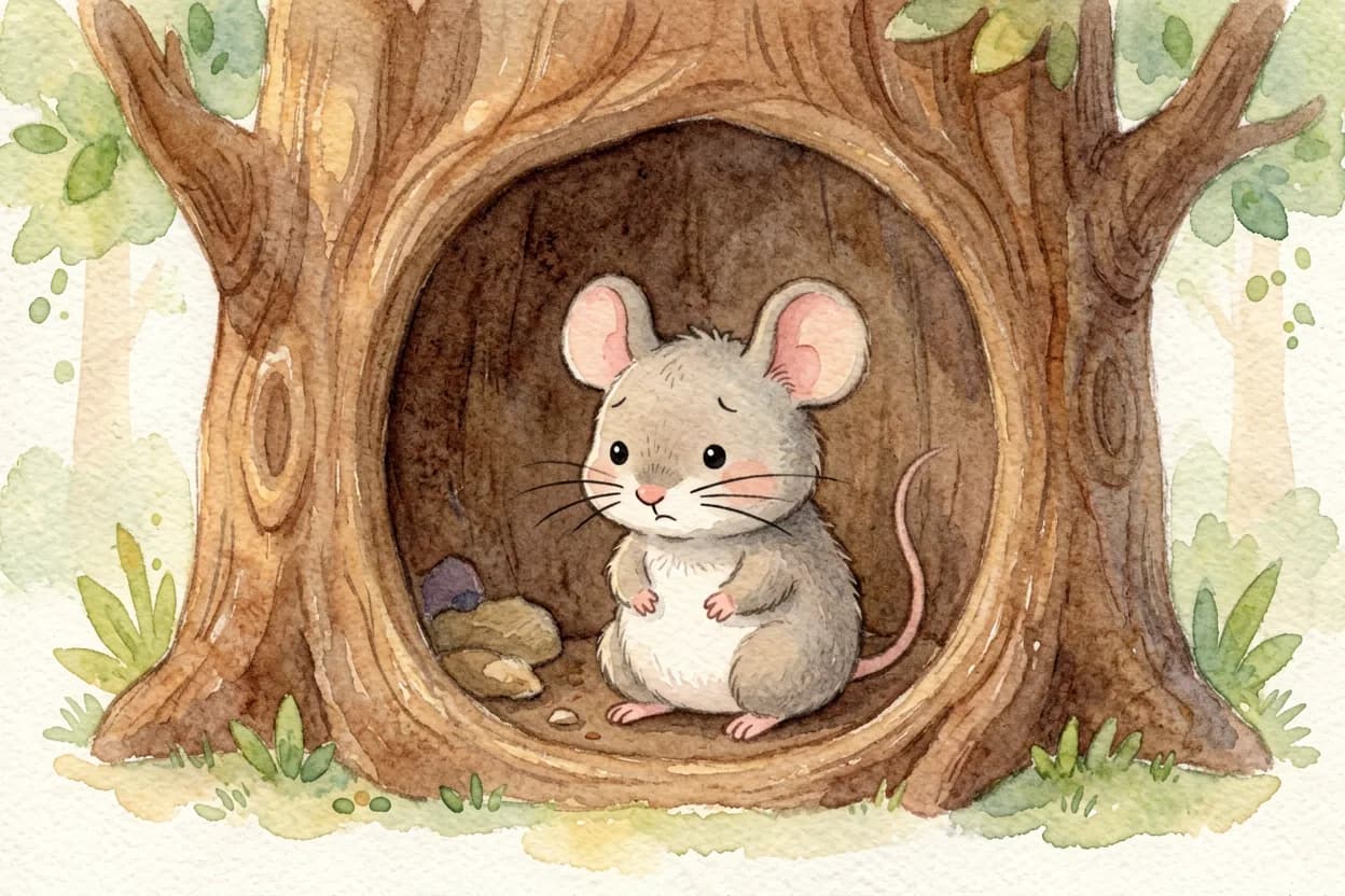 A little mouse looking sad in his cosy old home in an oak tree, whiskers drooping
