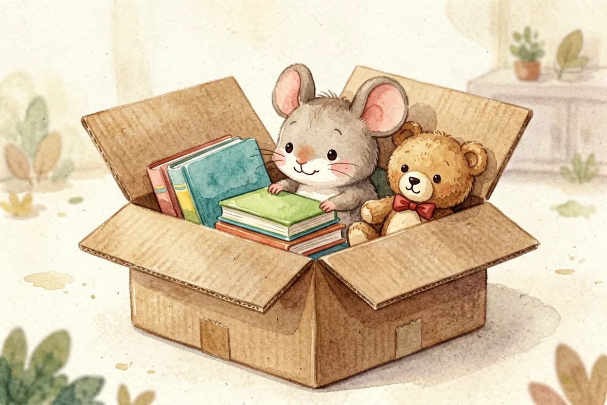 The little mouse carefully packing his favourite toys and one-eared bear into a moving box