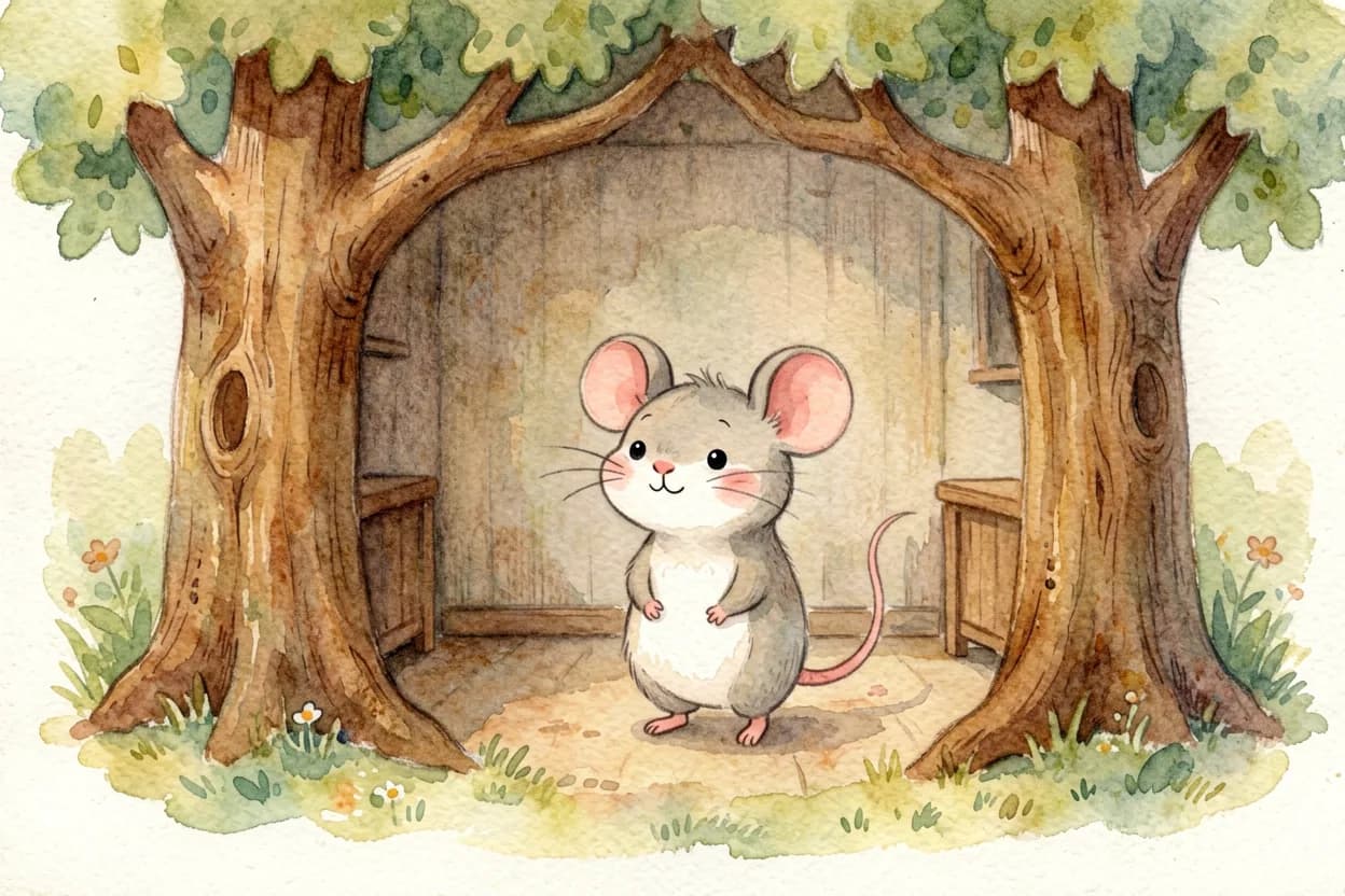 The little mouse standing in his empty old room, taking a wistful last look