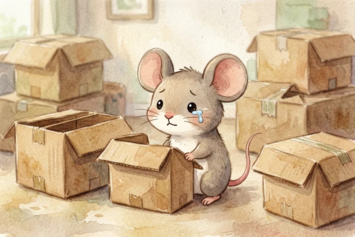 The little mouse looking uncertain among moving boxes in the unfamiliar new home