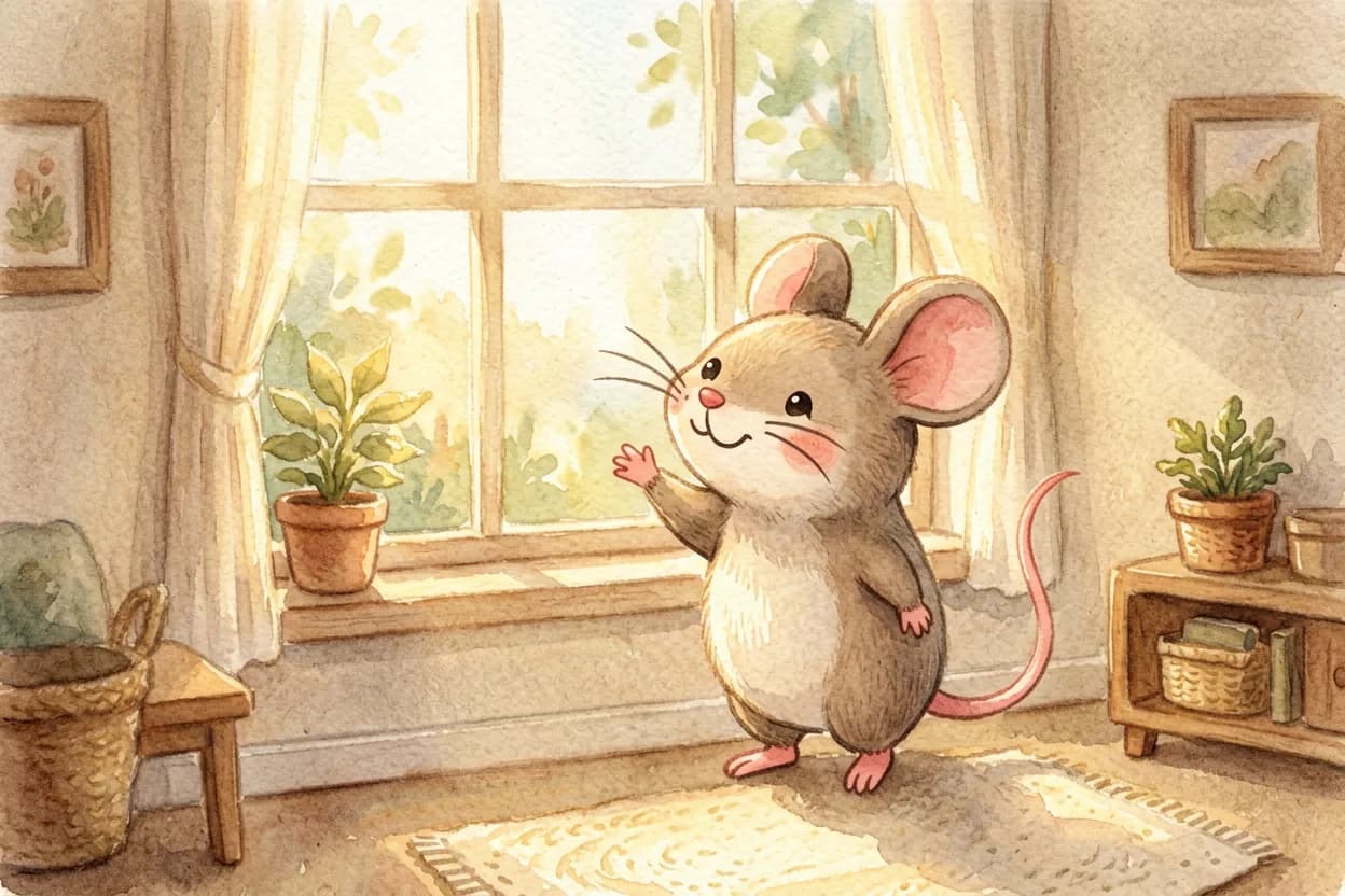 A friendly neighbour mouse waving hello at the window as morning sun fills the new room