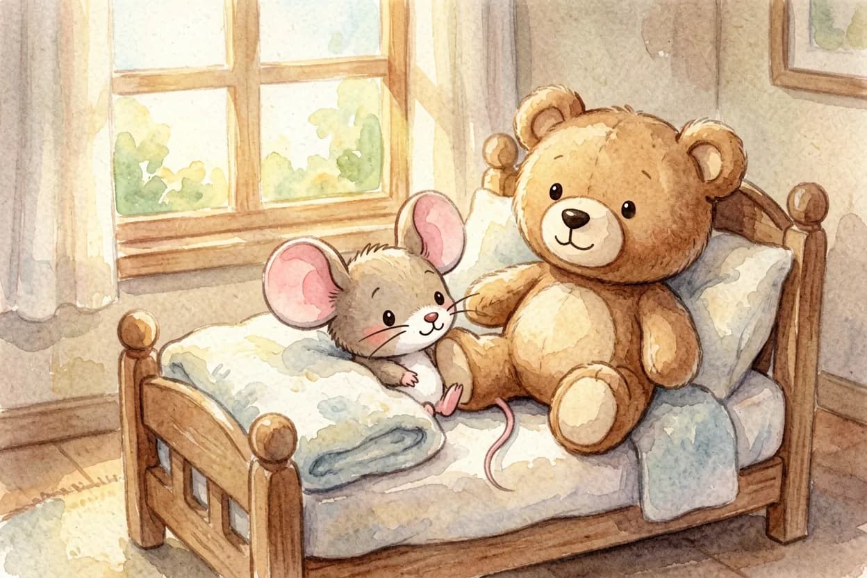 The little mouse snuggled happily in his new bed with his bear, feeling at home at last
