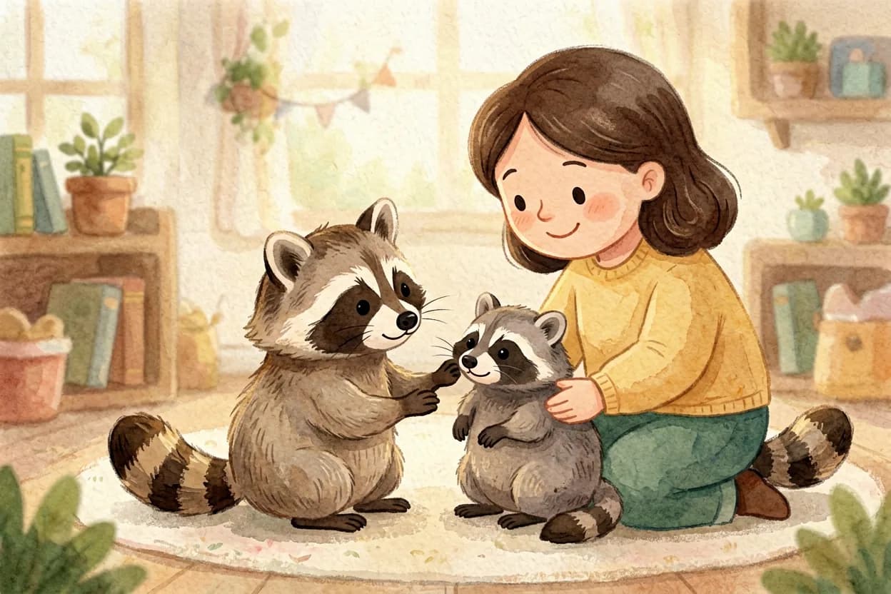 Watercolor illustration of a little raccoon gently meeting a new baby sibling with their parents