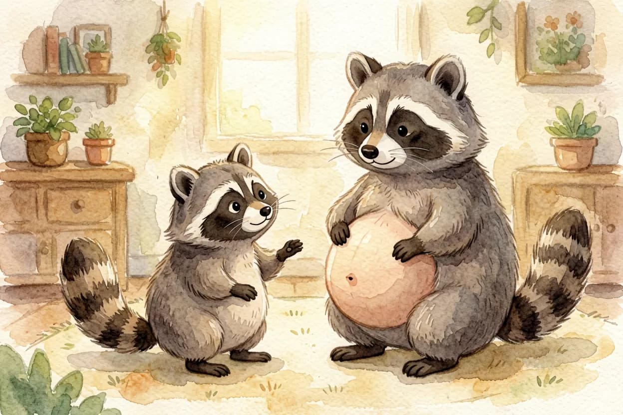 A little raccoon looking curiously at his mother's round tummy, parents nearby