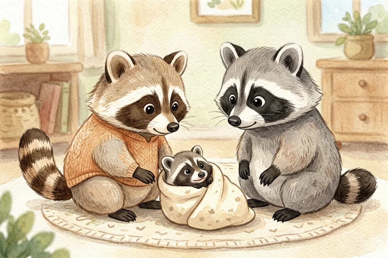 The little raccoon peering at a tiny new baby sibling as the family gathers around