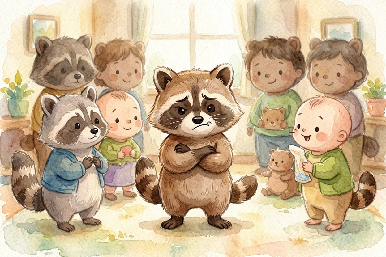 The little raccoon standing apart, arms crossed, a jealous prickly look on his face