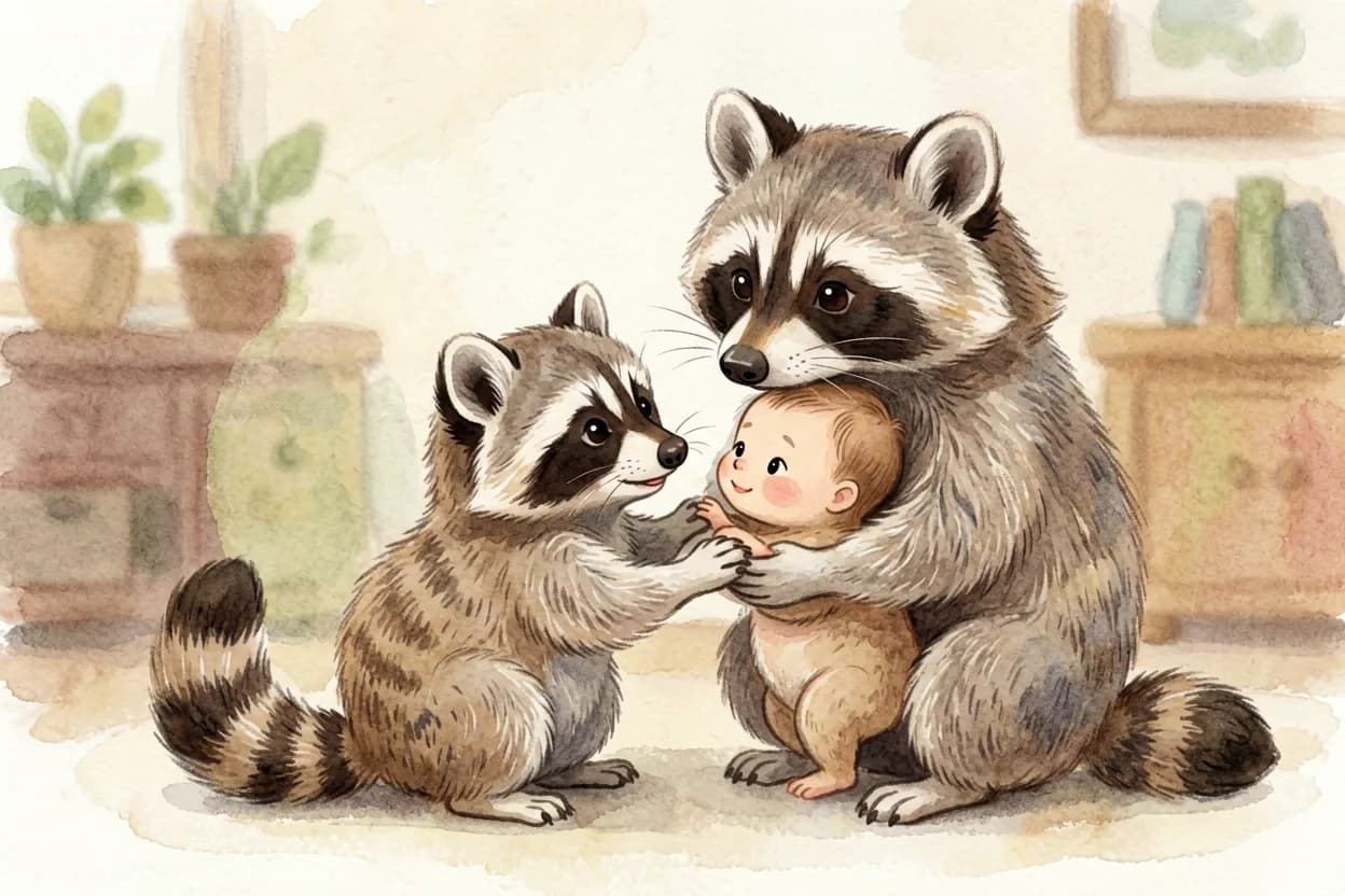 The mother raccoon gently showing the little raccoon how to hold and meet his baby sister