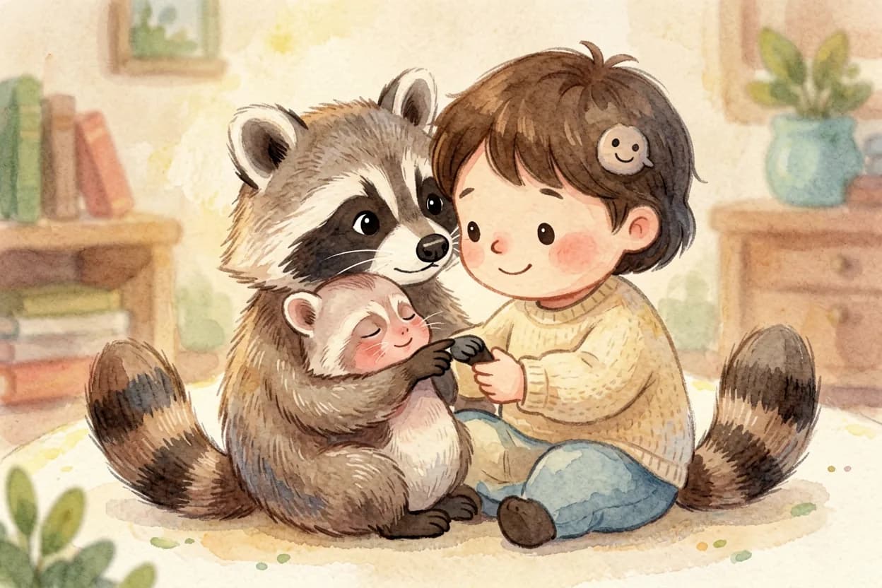 The little raccoon gently singing to his baby sister as she holds his finger