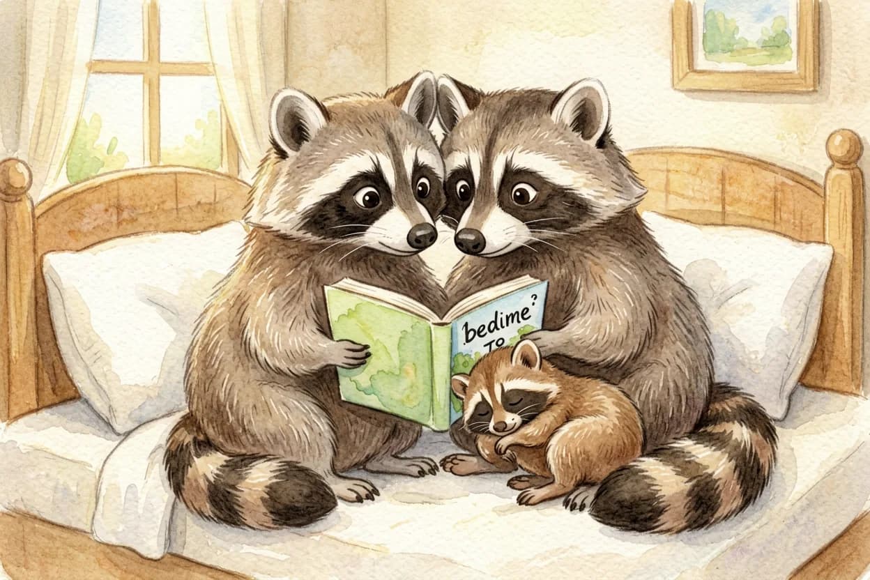 The mother reading a bedtime story to the little raccoon, the baby asleep nearby, all cozy