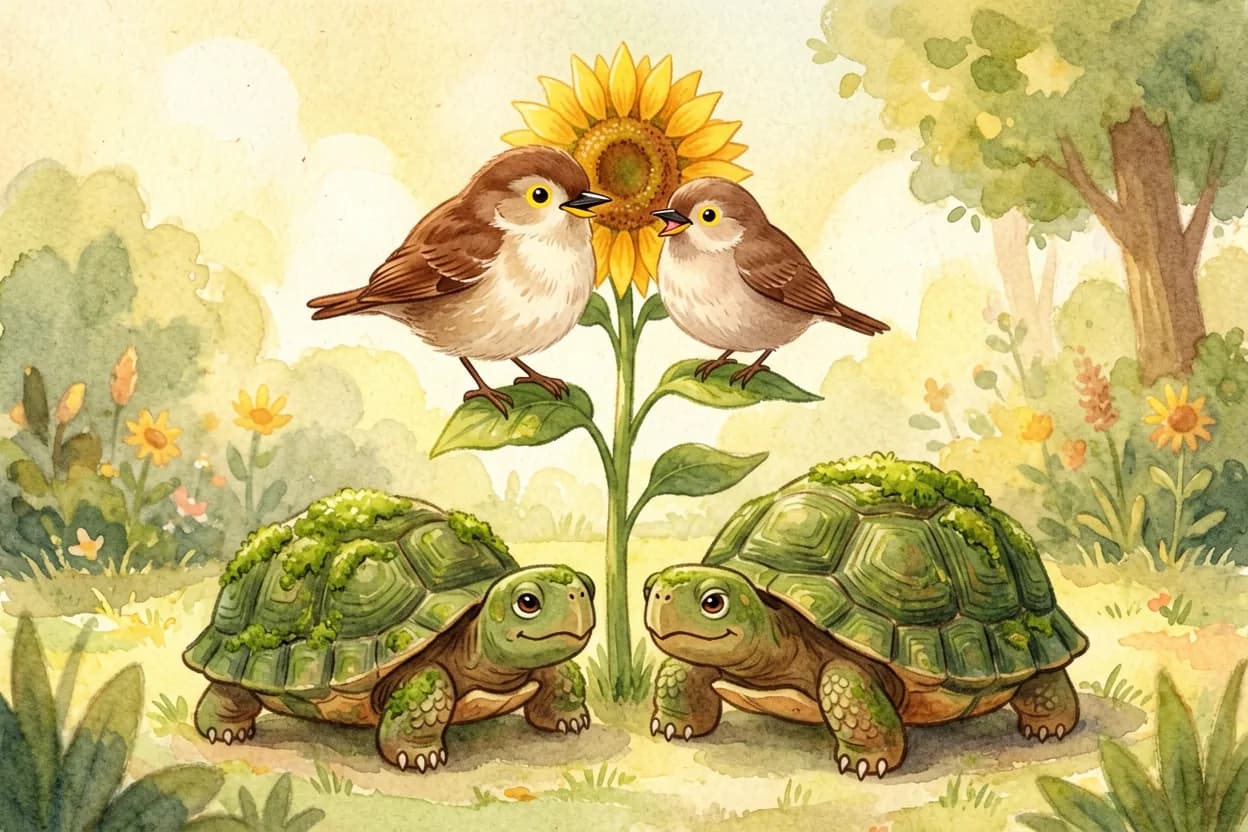 Watercolor illustration of a tiny bird perched proudly on a tall blooming sunflower beside a friendly tortoise