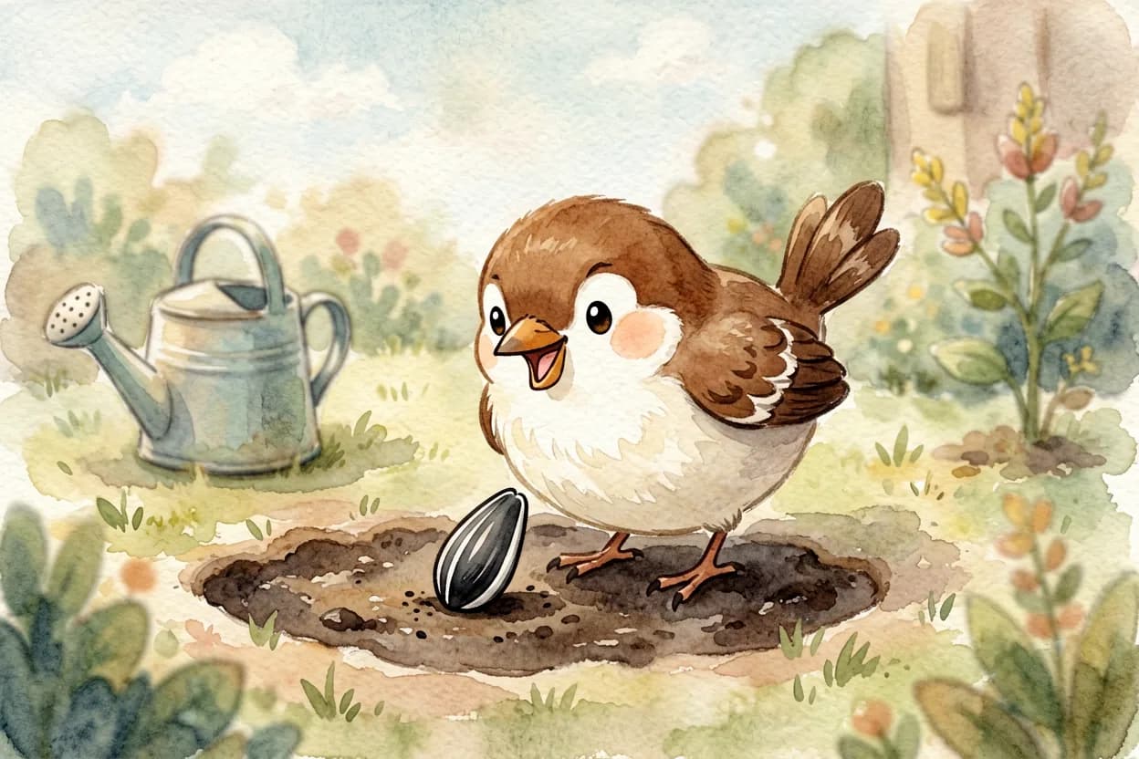 A tiny bird excitedly planting a sunflower seed in a garden patch, with a watering can nearby