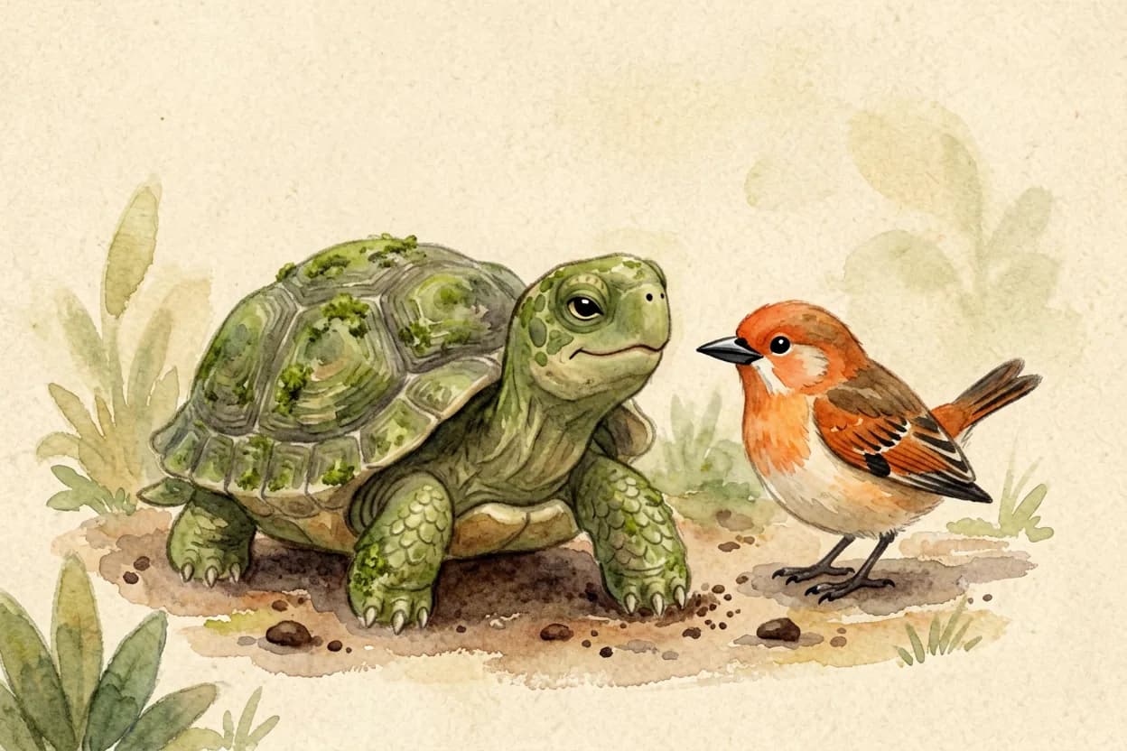 A calm friendly tortoise gently talking to the tiny bird, teaching her to wait, pointing at the soil