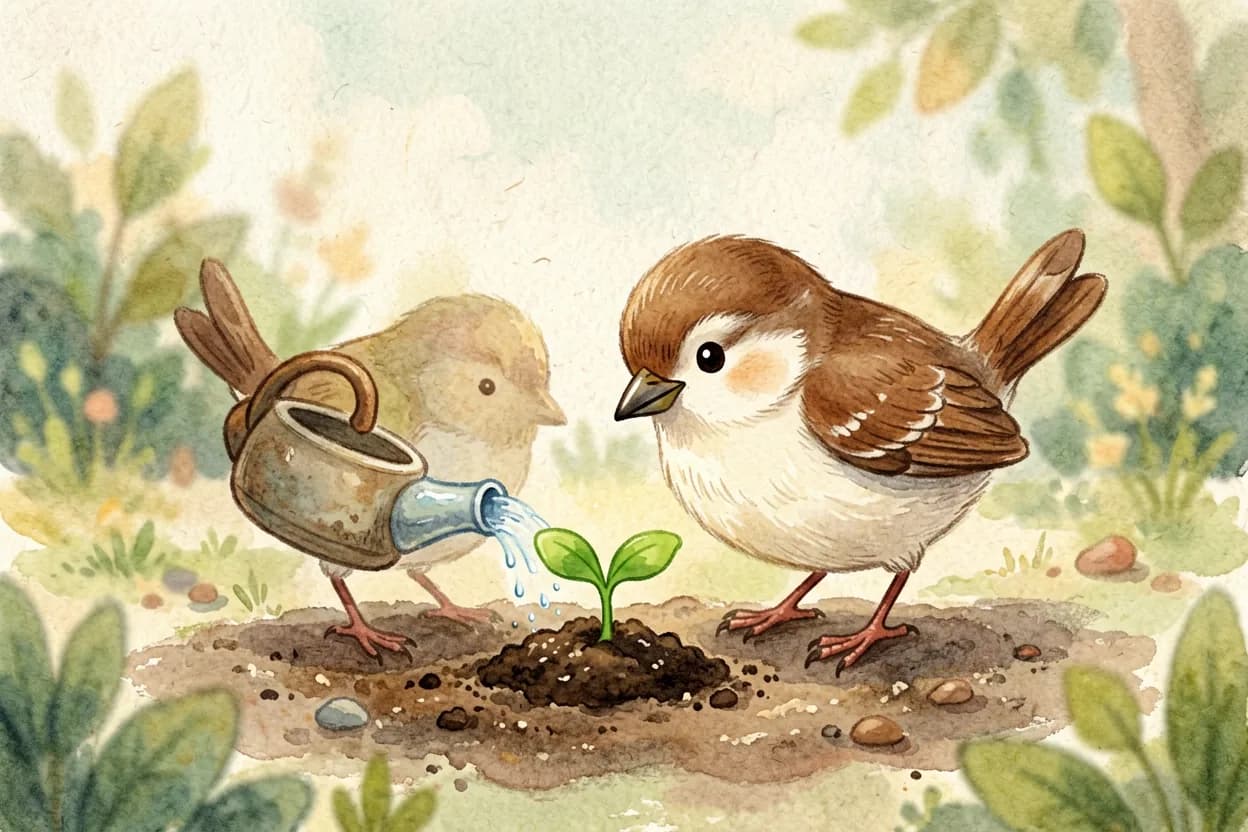 The tiny bird tending the garden as a small green sprout finally pokes through the soil