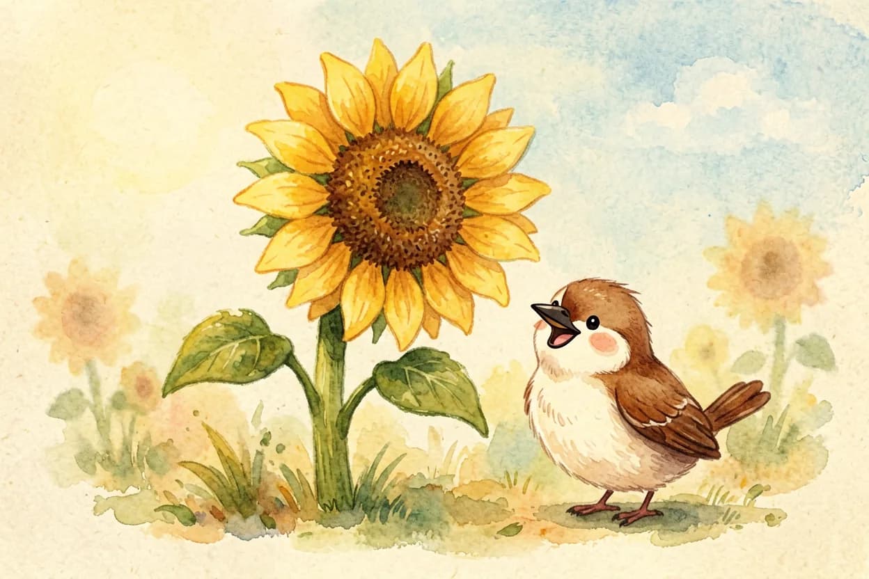 A sunflower growing taller over sunny days while the tiny bird watches it bloom with wonder