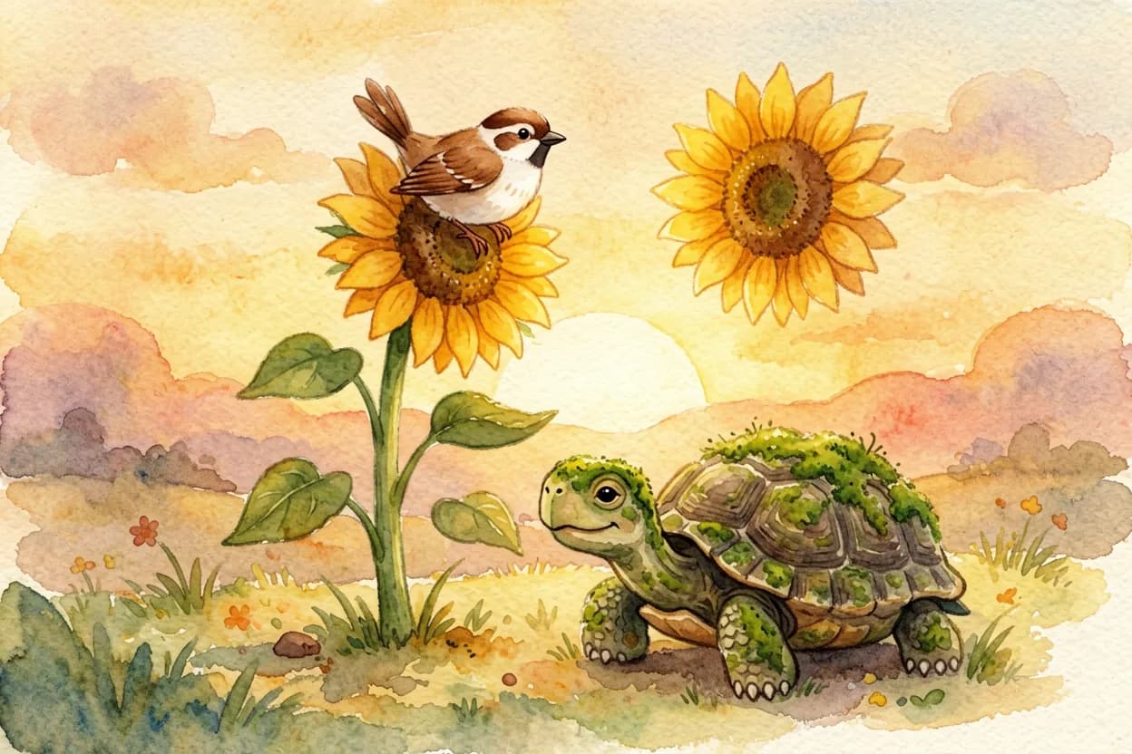 The tiny bird perched proudly atop the fully bloomed tall sunflower beside the tortoise at sunset