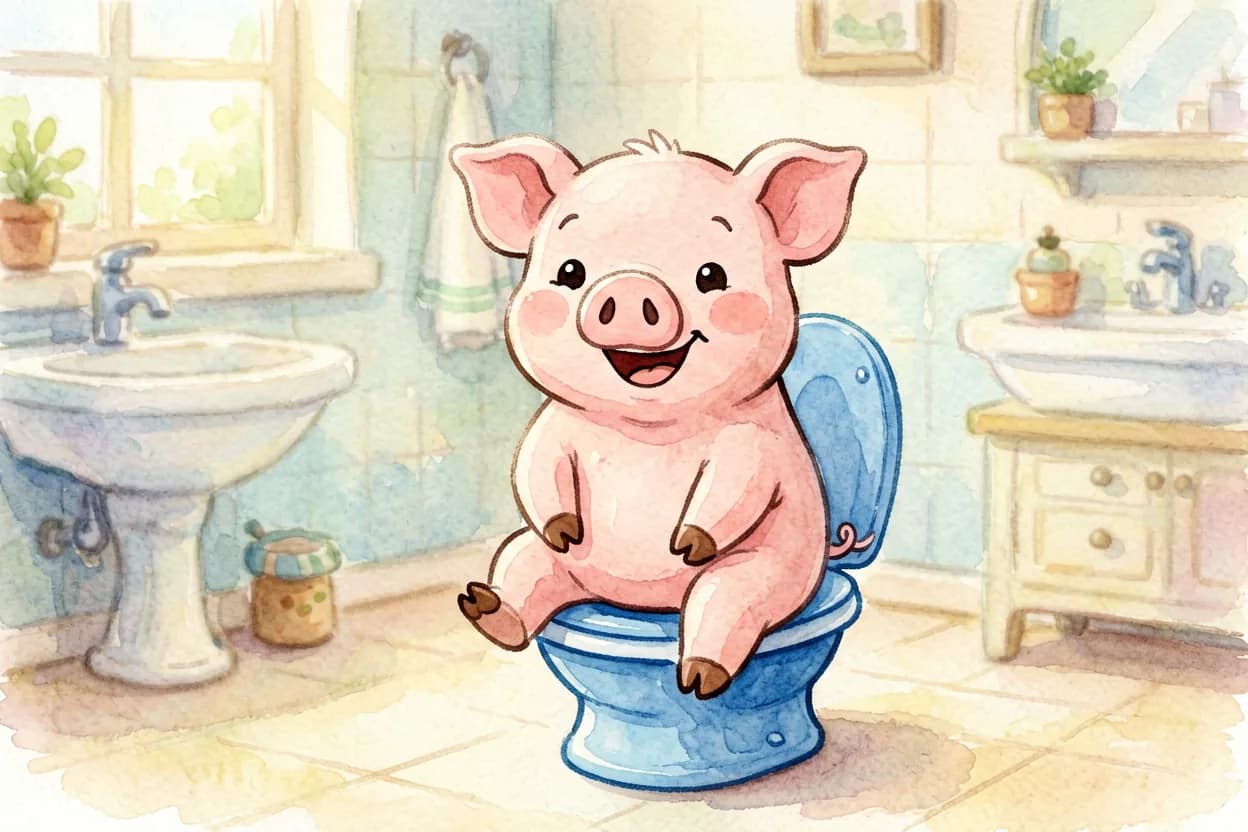 Watercolor illustration of a happy little piglet proudly sitting on a small potty in a cozy bathroom