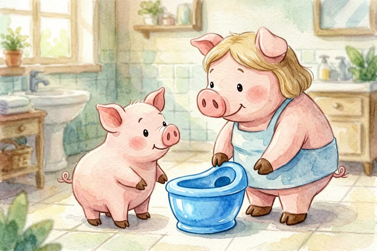 A little piglet looking curiously at a small shiny potty that his mother is showing him