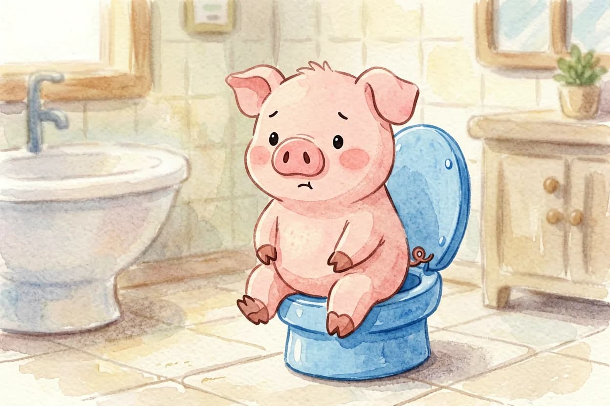 The little piglet sitting on the small potty for the first time, looking unsure