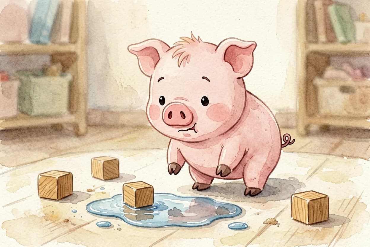 The little piglet looking down at a small accident, his lip wobbling, blocks scattered around