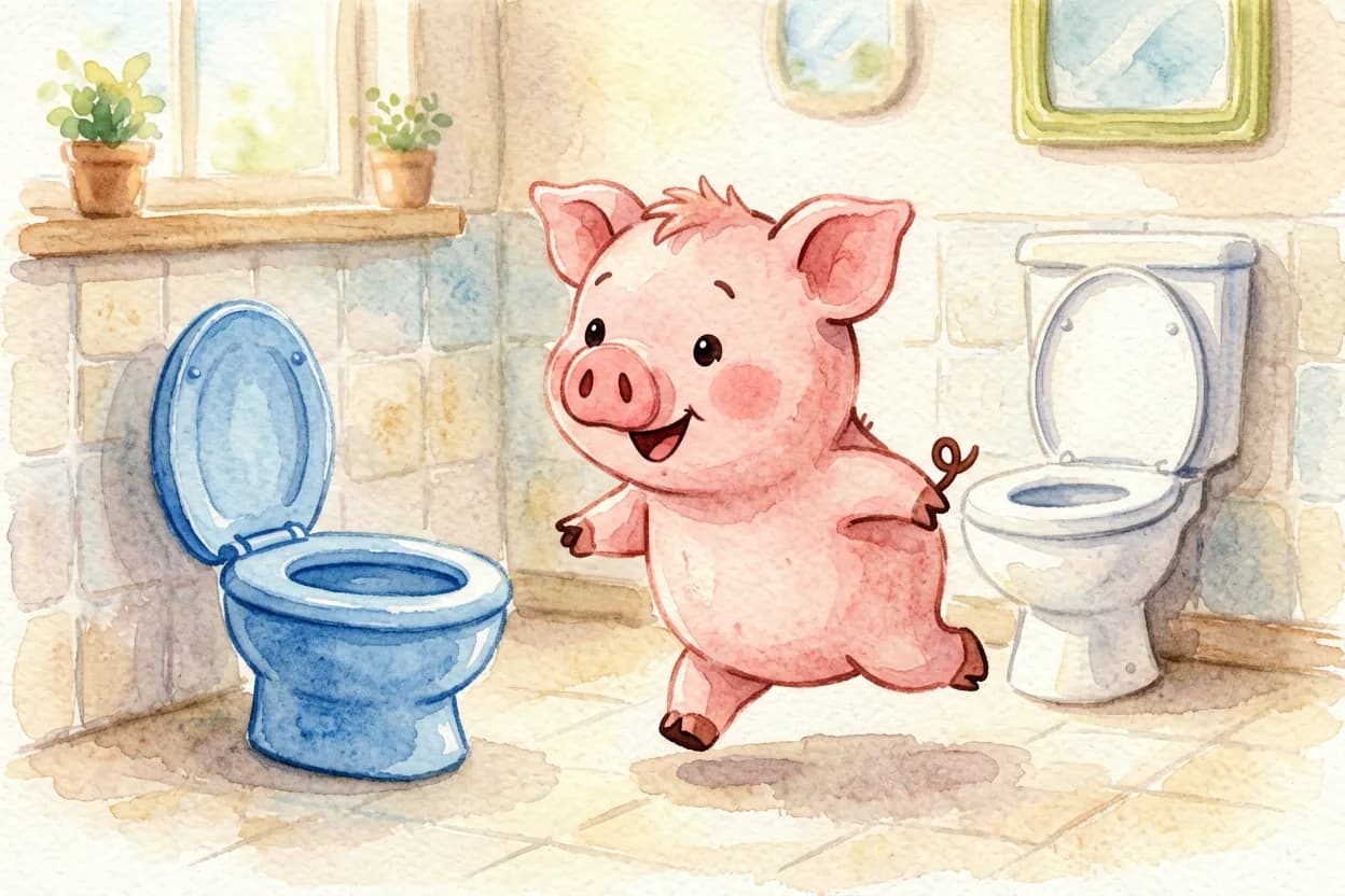 The little piglet hurrying excitedly toward his potty, having noticed the feeling