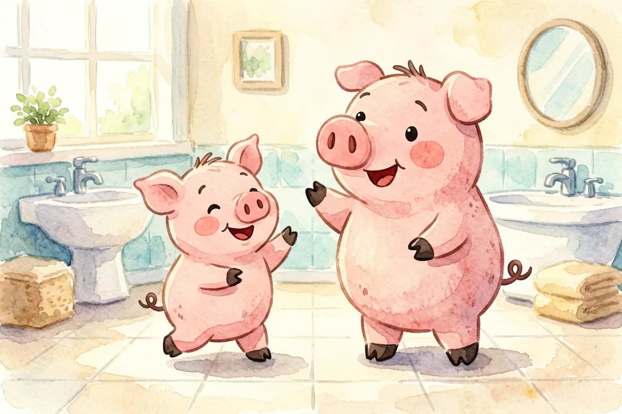 The little piglet and his mother doing a joyful happy dance in the bathroom to celebrate