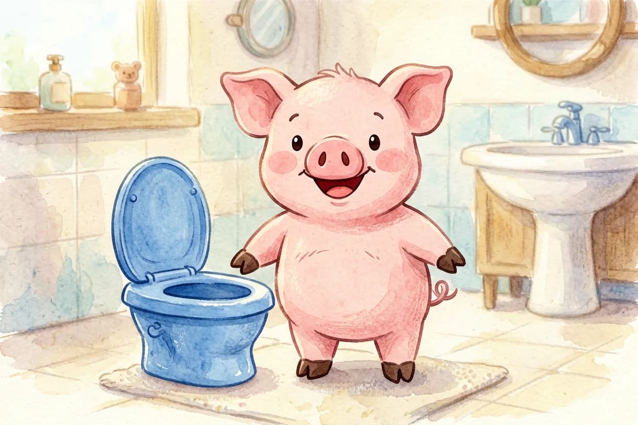 The little piglet standing proudly and confidently beside his potty, a big happy smile
