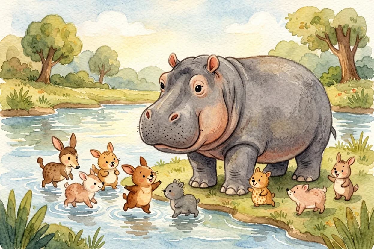 Watercolor illustration of a big friendly hippo gently asking before joining his animal friends by the river