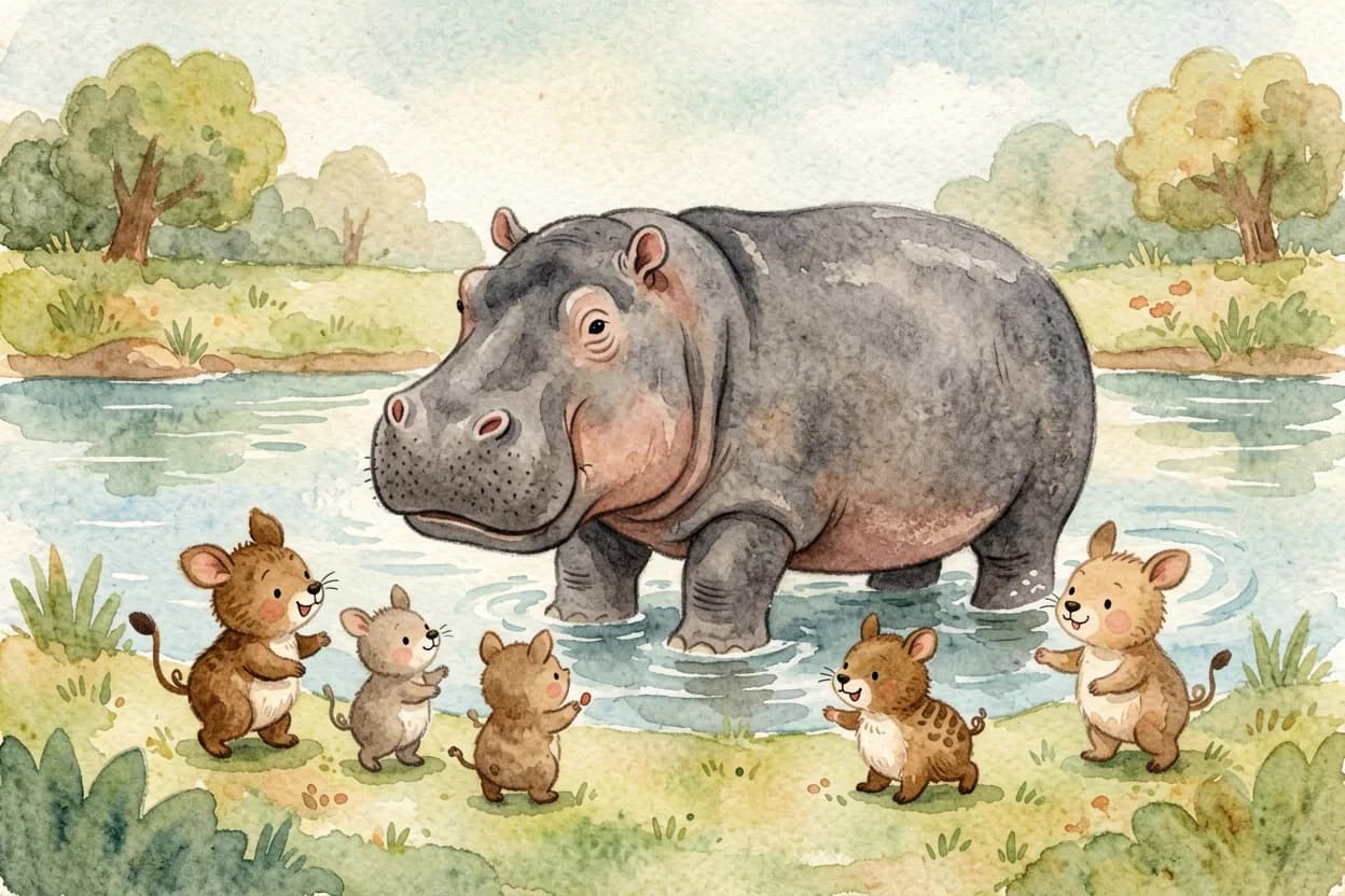 A big friendly hippo barging into a group of small animals playing by the river
