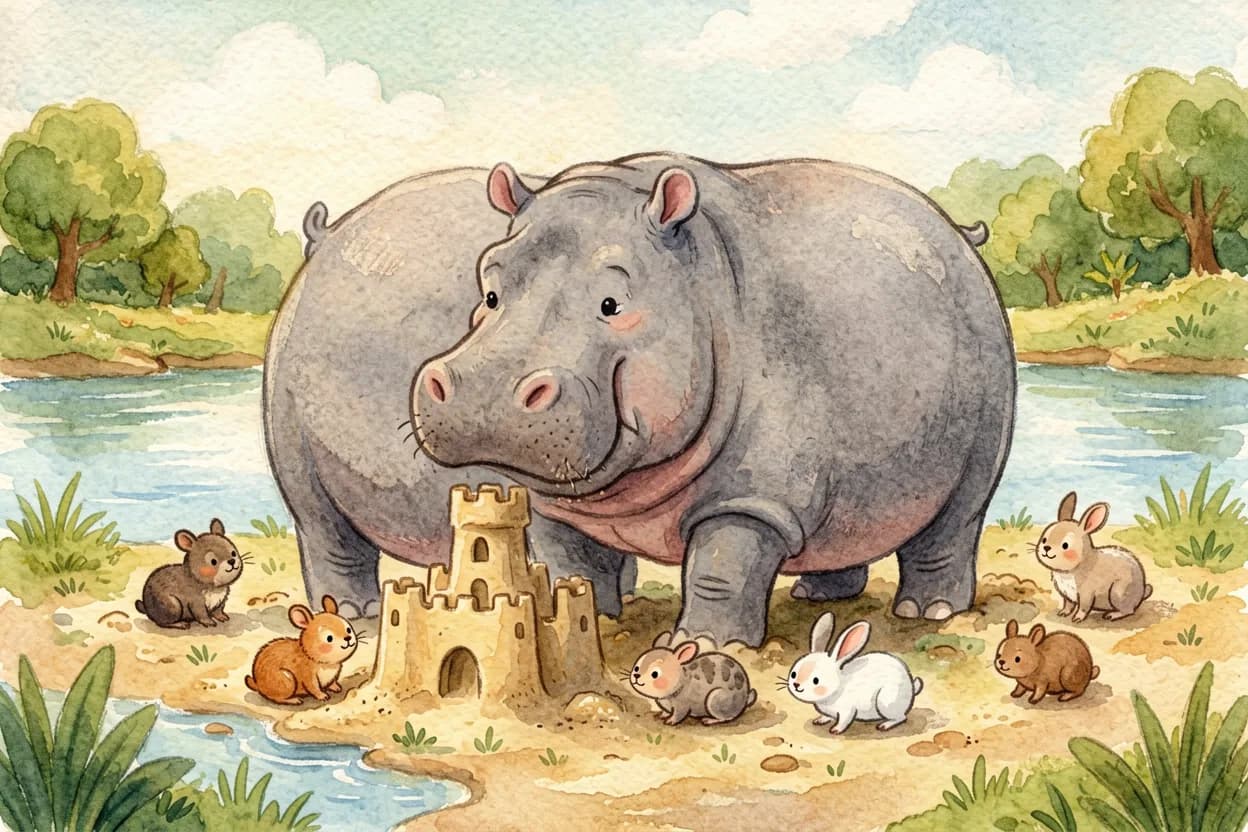 The big hippo accidentally stomping through and flattening the animals' sandcastle
