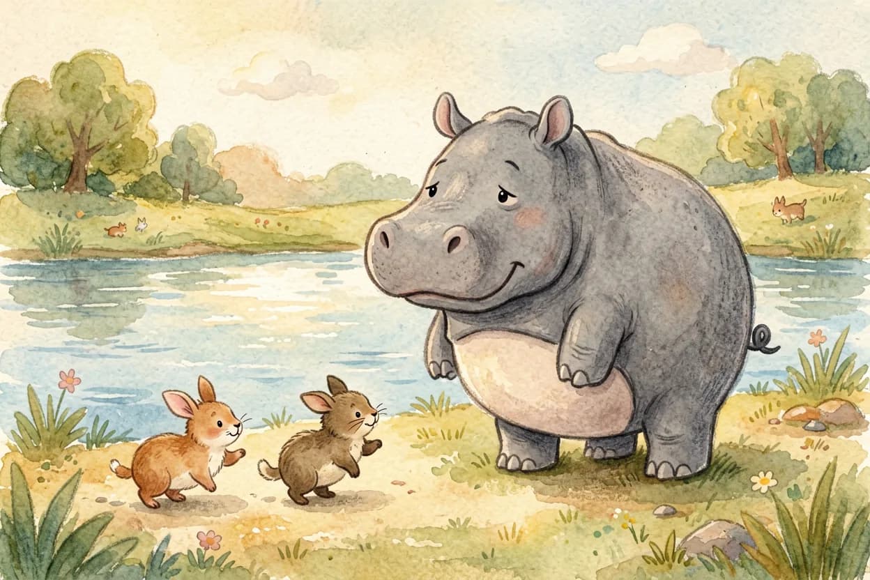 The little animals moving away to play elsewhere, leaving the big hippo standing alone and sad