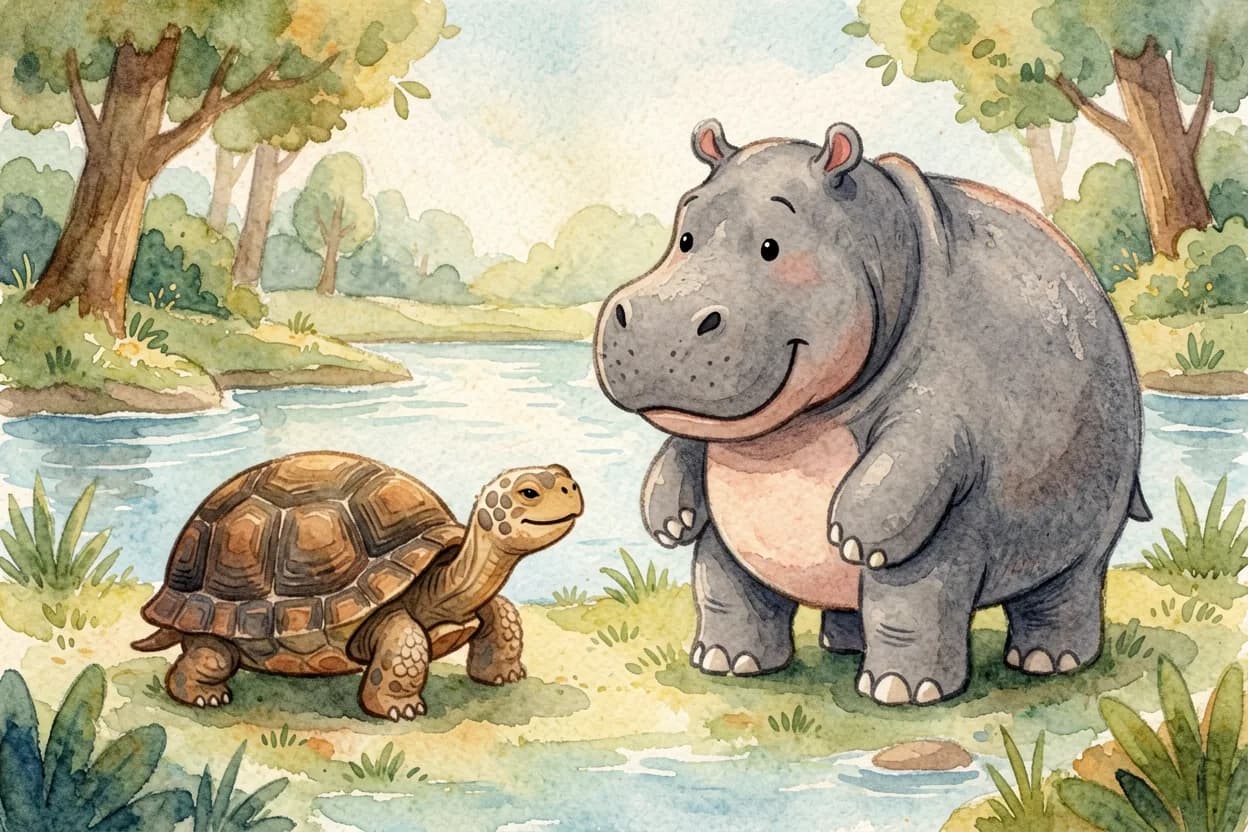 A wise old tortoise gently explaining respect to the big hippo by the river