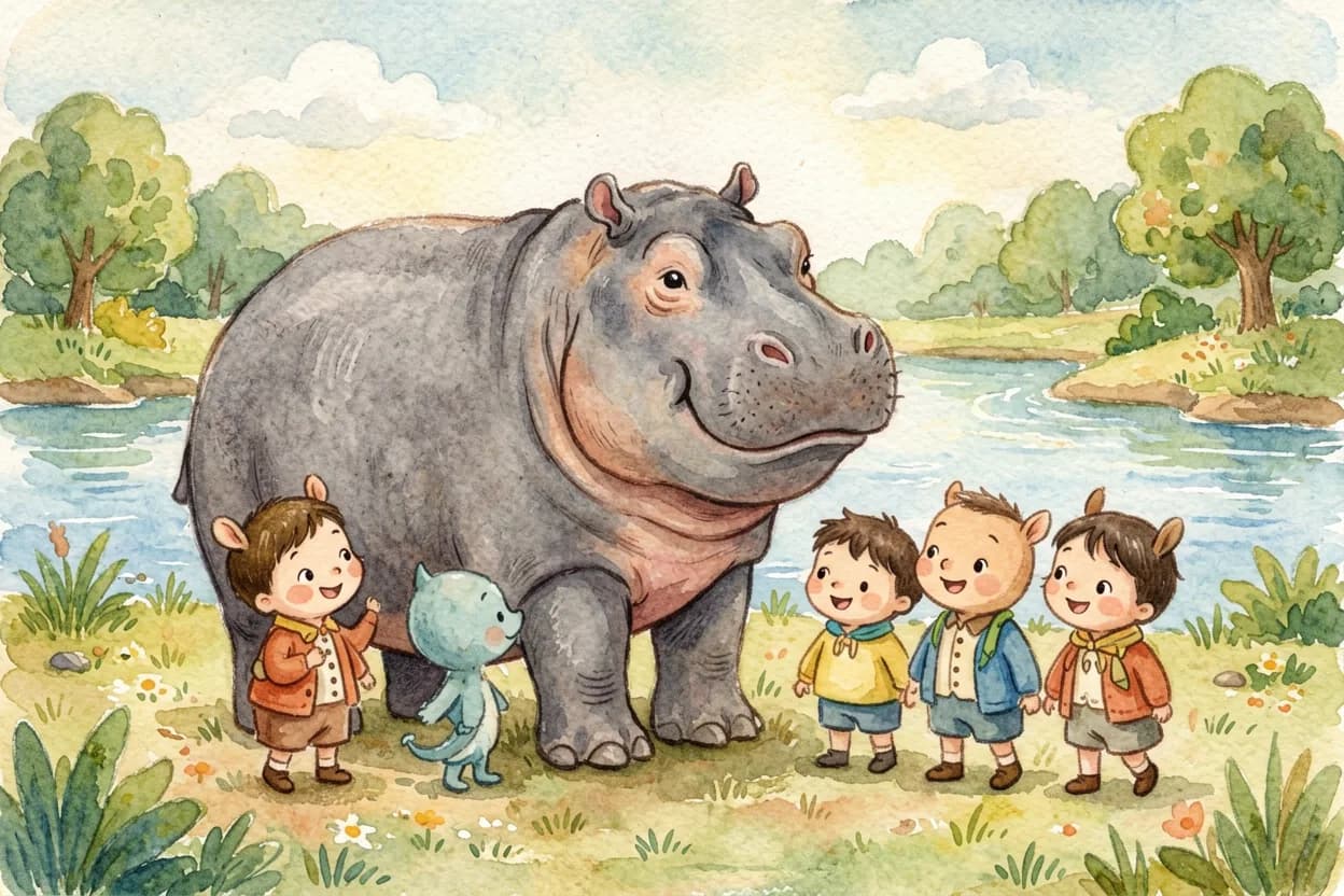 The big hippo gently asking to join the game and waiting politely, the animals looking pleased