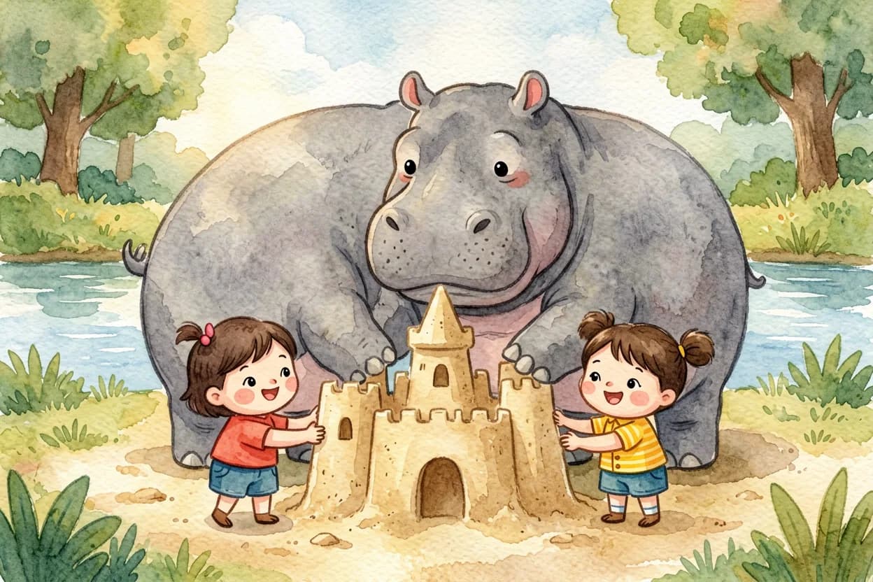 The big hippo carefully helping the little animals build a grand sandcastle together, all happy